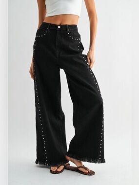 Studded Ultra Wide Leg Washed Jeans - Camellia